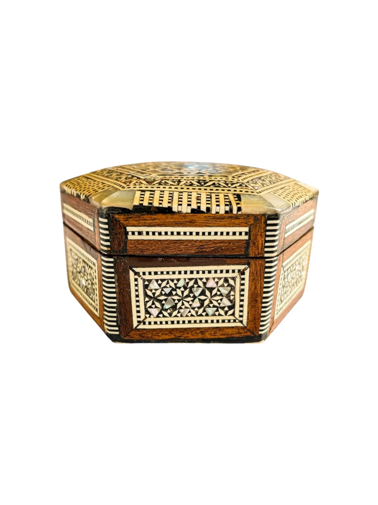 Hexagonal Marquetry Inlaid Wooden Box | Mother-of-Pearl and Bone Inlay - SOSC Home