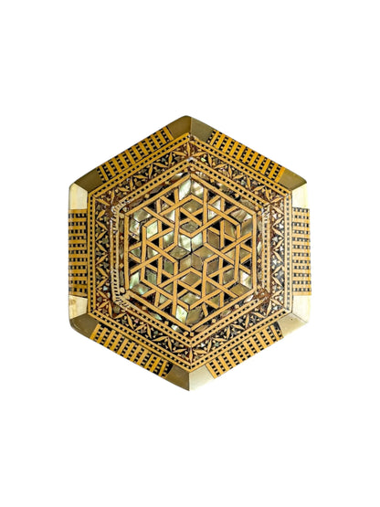 Hexagonal Marquetry Inlaid Wooden Box | Mother-of-Pearl and Bone Inlay - SOSC Home