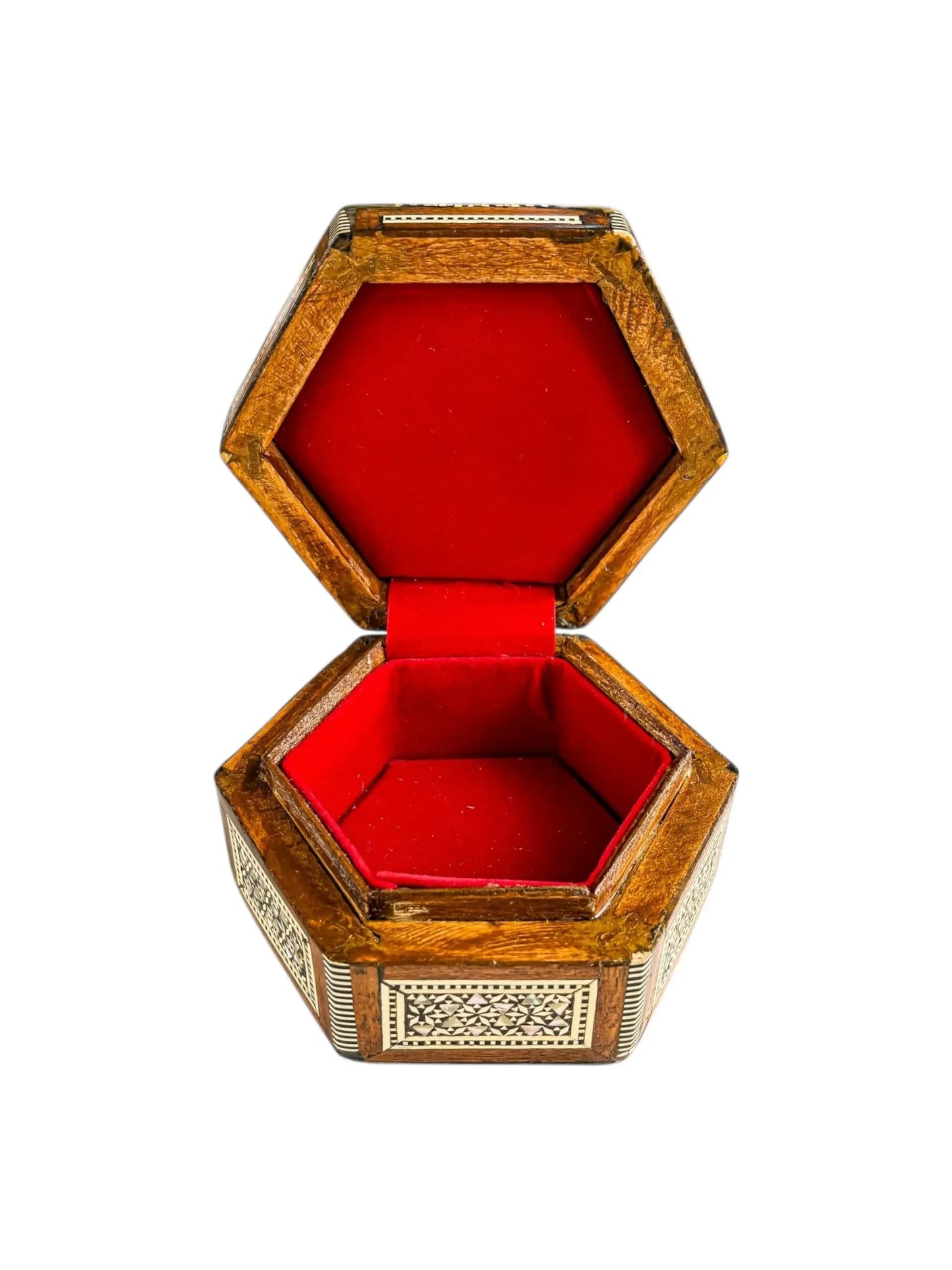 Hexagonal Marquetry Inlaid Wooden Box | Mother-of-Pearl and Bone Inlay - SOSC Home
