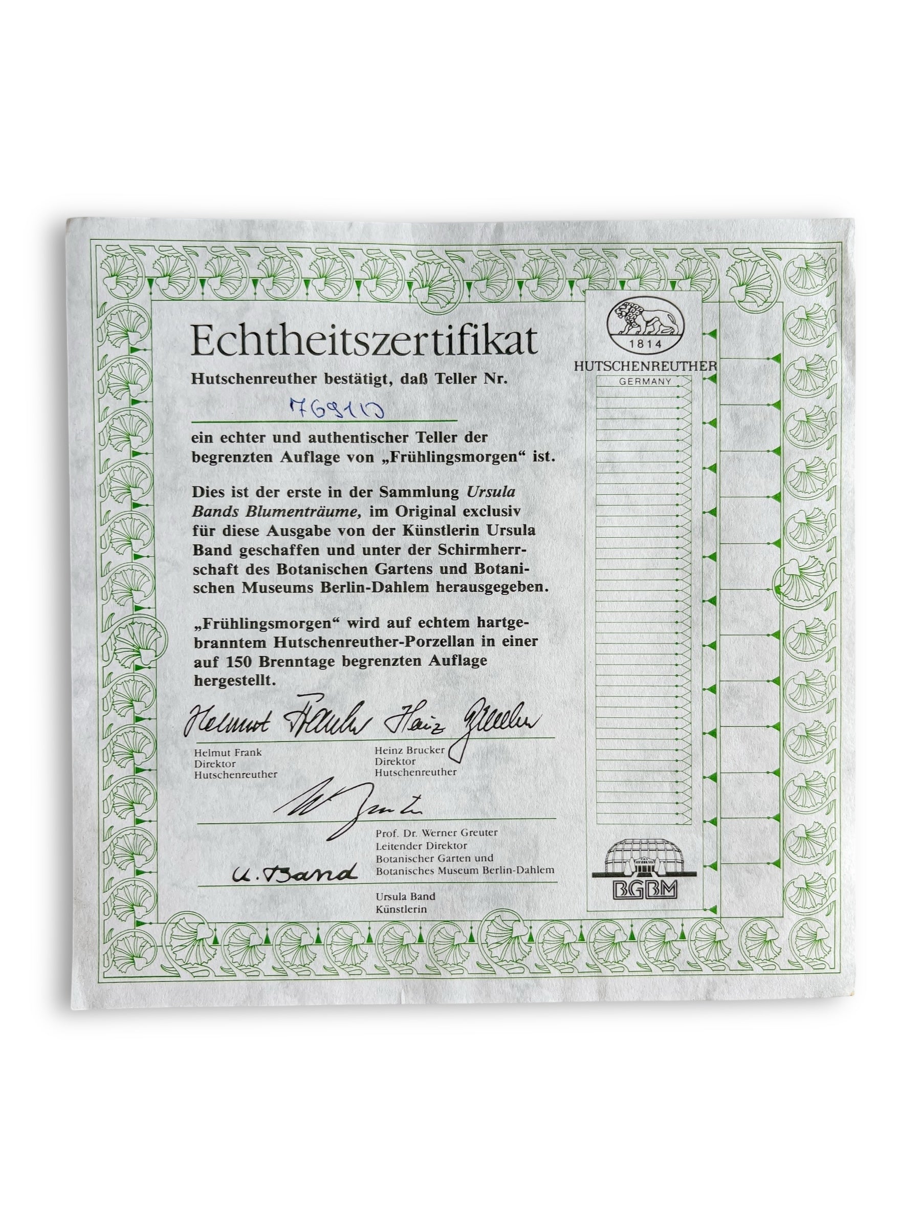 Certificate of authenticity for limited edition Hutschenreuther porcelain plate 'Frühlingsmorgen' by artist Ursula Band
