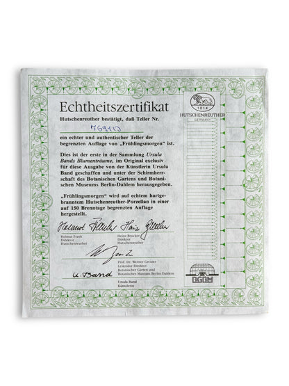 Certificate of authenticity for limited edition Hutschenreuther porcelain plate 'Frühlingsmorgen' by artist Ursula Band