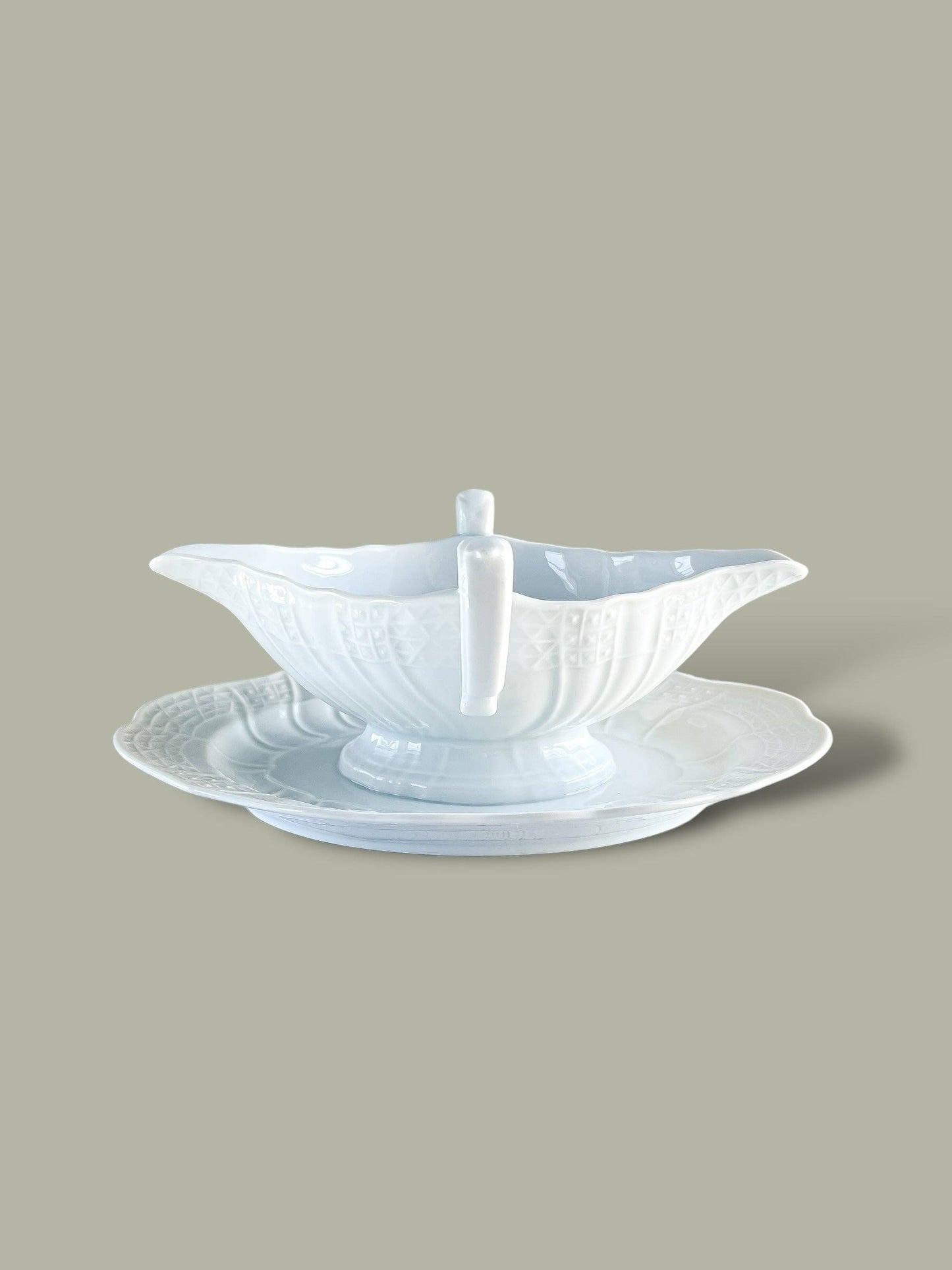 Hutschenreuther Gravy Boat with Attached Underplate and Handles - 'Dresden' Collection in White - SOSC Home