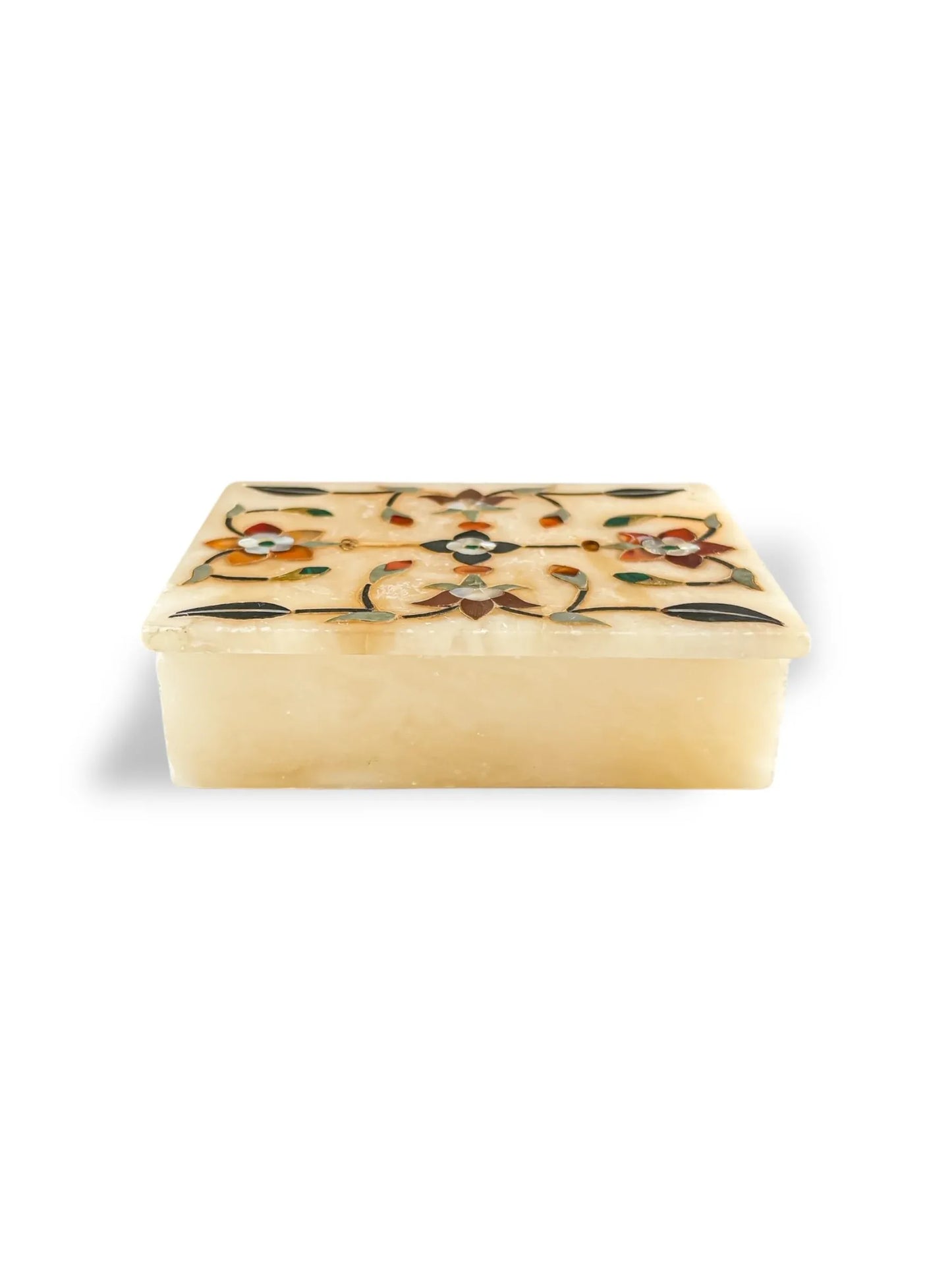 Square beige marble jewelry box with intricate floral inlay design on lid