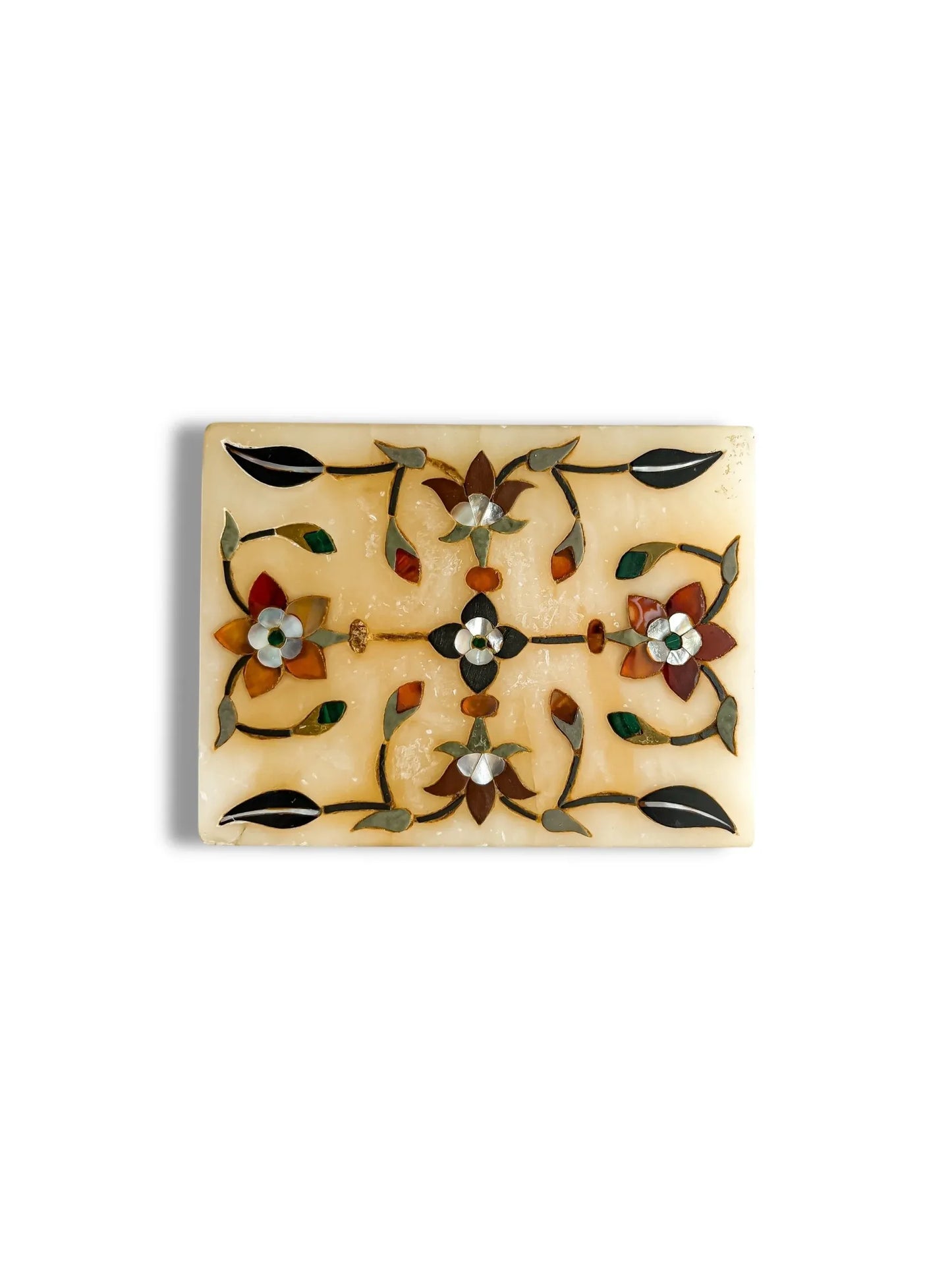 Rectangular beige marble decorative box with floral inlay design in red, green, black, and silver