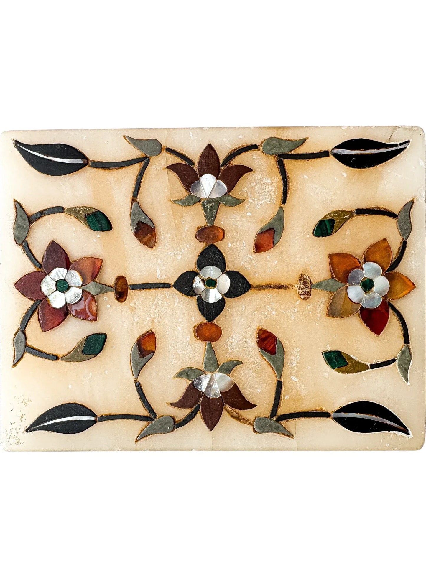 Intricate floral inlay on beige marble tile with colorful semi-precious stones and leaves design