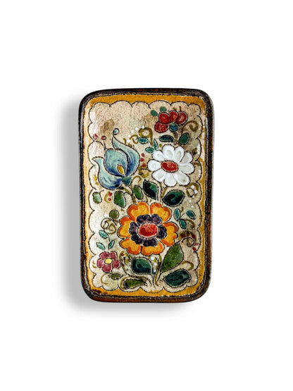 Handcrafted rectangular box with colorful floral painting on cream background, vintage folk art style