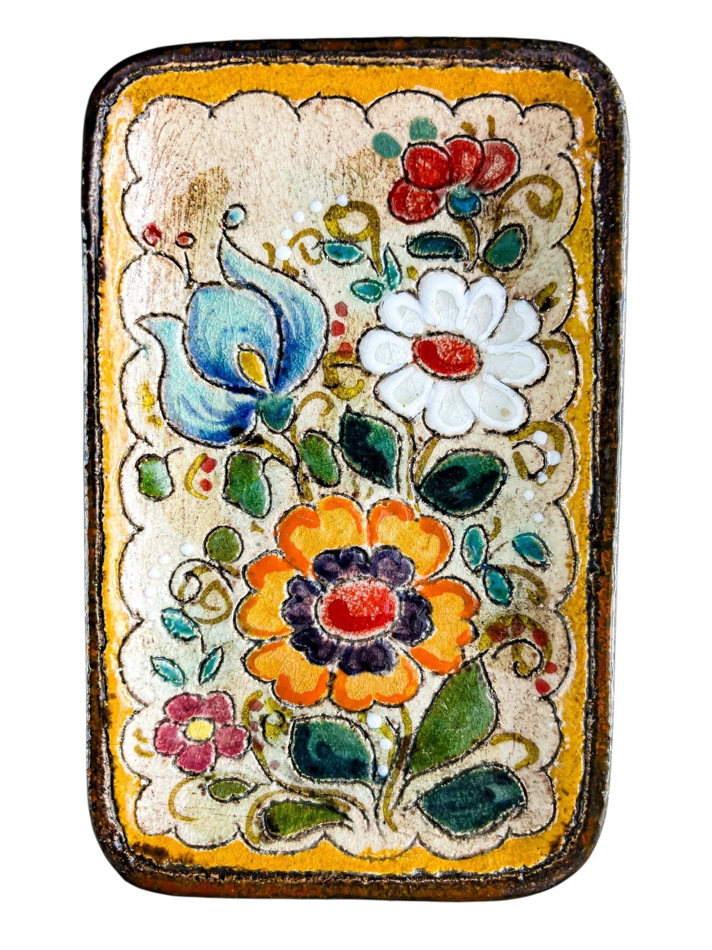 Rectangular ceramic tile with hand-painted colorful flowers including blue, white, orange, and red blooms on a yellow-bordered background