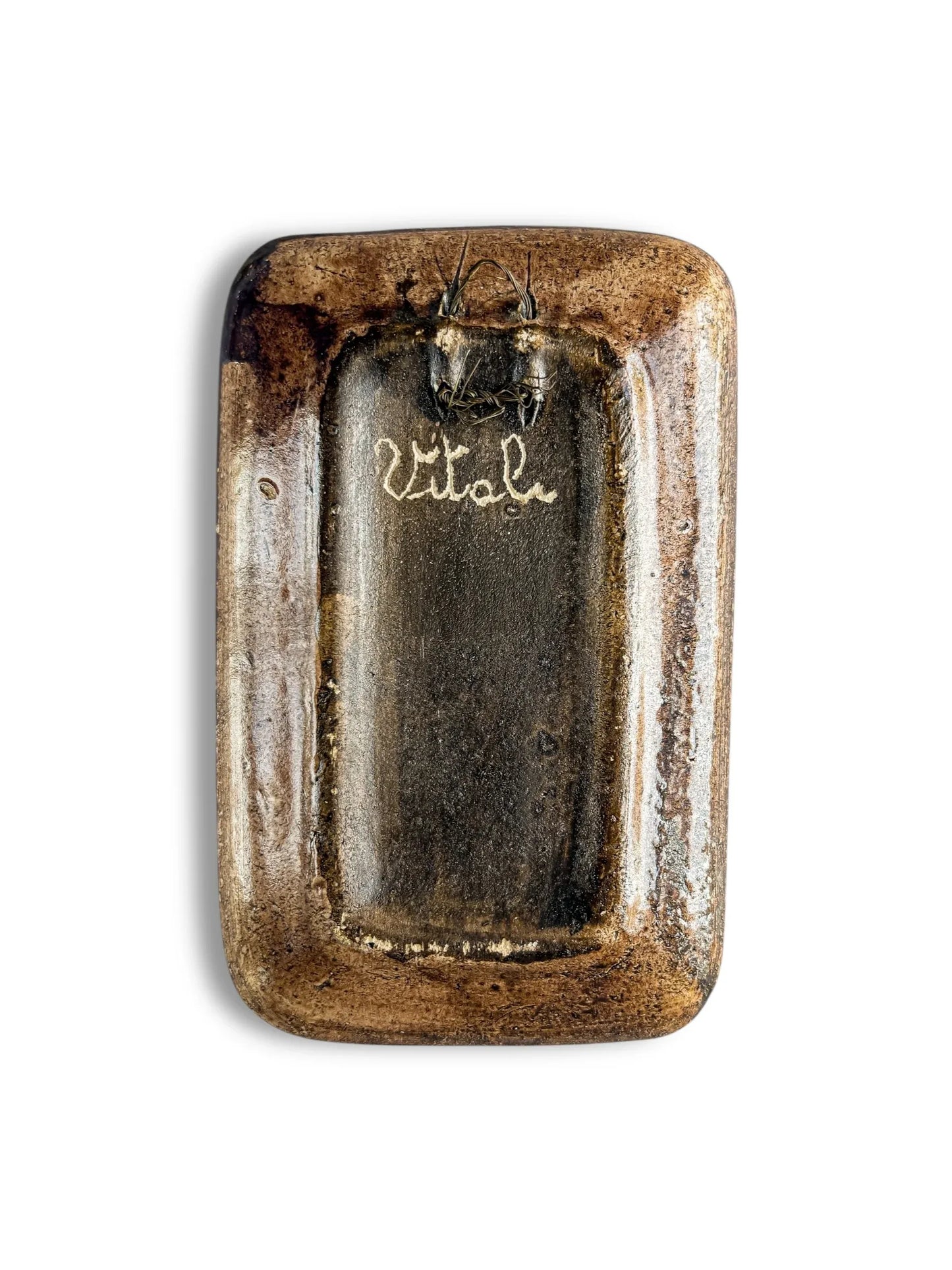 Rectangular vintage brown ceramic plaque with glossy finish and 'Vitala' written in cursive on back