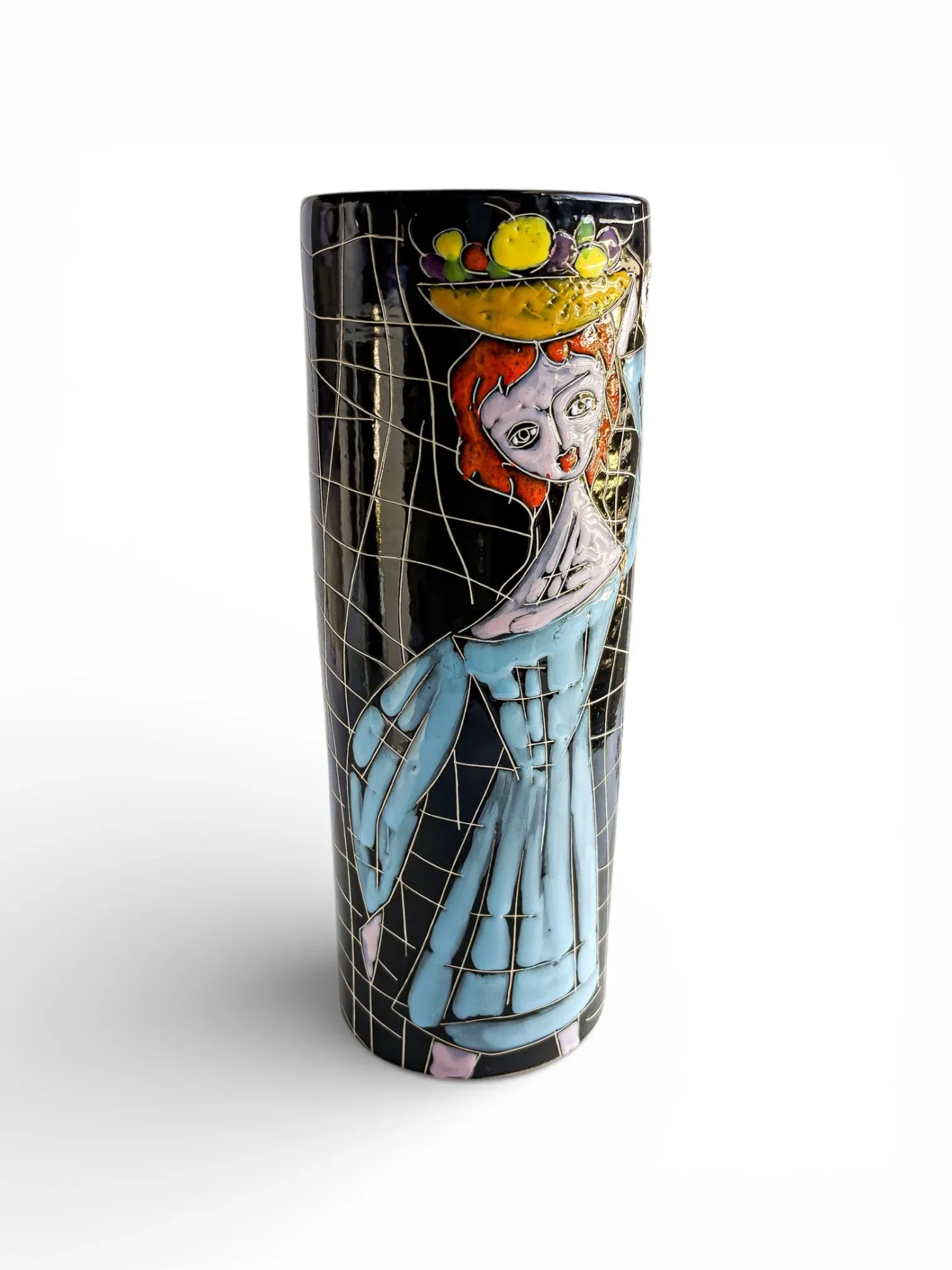 Hand-painted vintage ceramic vase with abstract woman and fruit basket design on black background