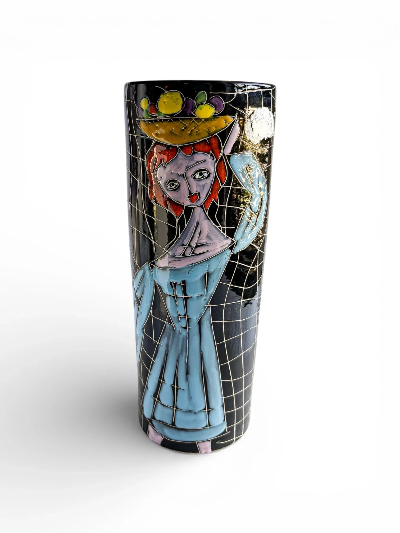 Hand-painted ceramic vase with abstract woman and fruit basket design, vintage tableware art