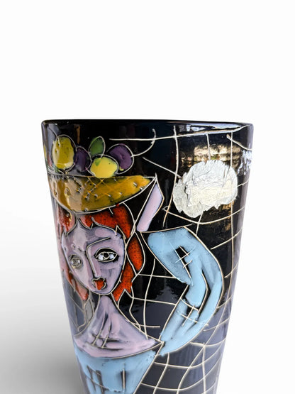 Hand-painted ceramic vase with abstract face and fruit, vintage collectible tableware