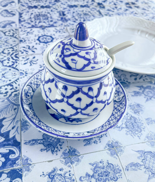 Jam Pot with Lid and Spoon - Blue and White Design - SOSC Home