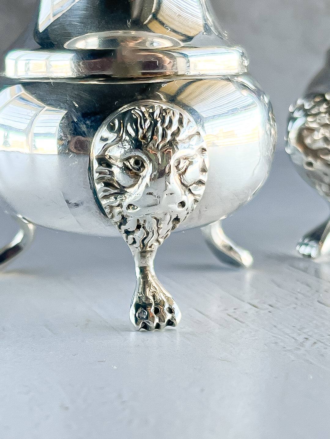 James Dixon & Sons Silver-Plated Salt and Pepper Shaker Set with Lion Head Legs - SOSC Home