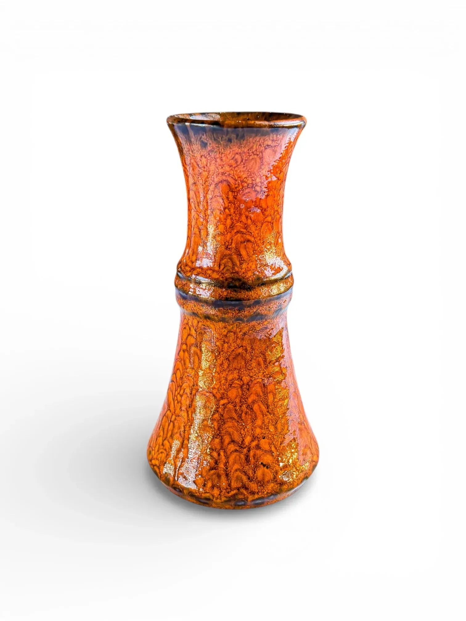 Vintage Jasba Keramik fat lava vase in burnt orange glaze, hourglass form with textured volcanic surface