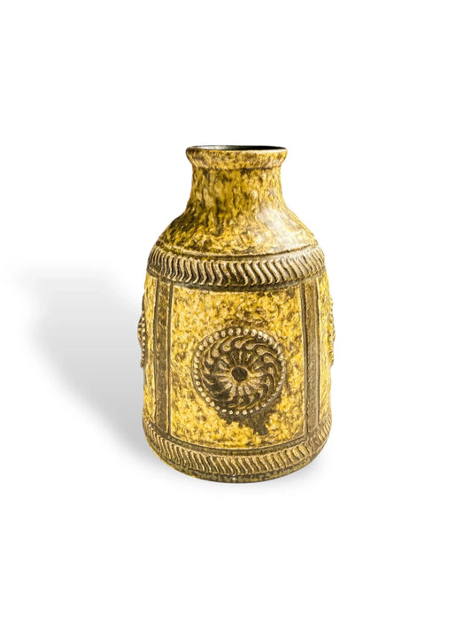 Yellow textured ceramic vase with embossed circular patterns and decorative borders on white background