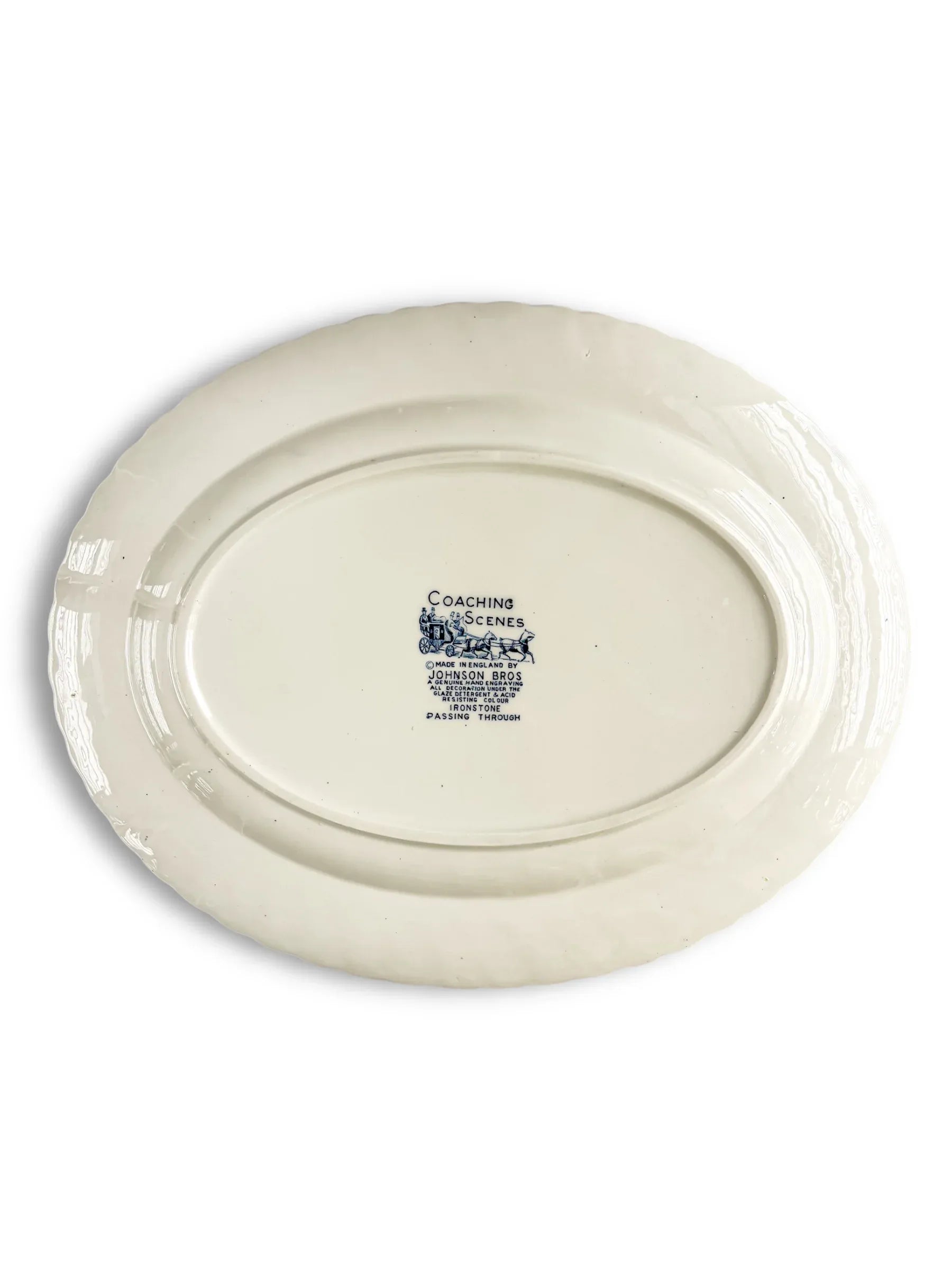Vintage Johnson Bros Coaching Scenes oval porcelain platter, maker's mark visible, white background