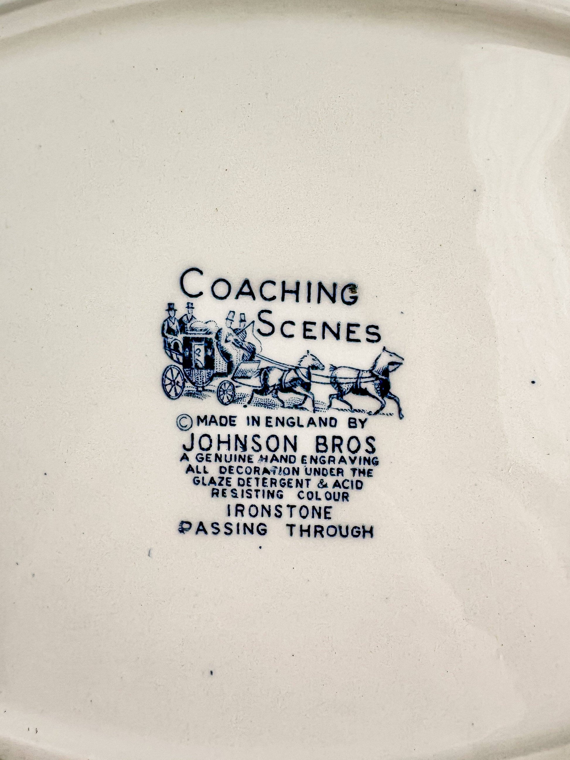 Johnson Bros Coaching Scenes ironstone porcelain plate backstamp with horse and carriage graphic, vintage tableware collectible.