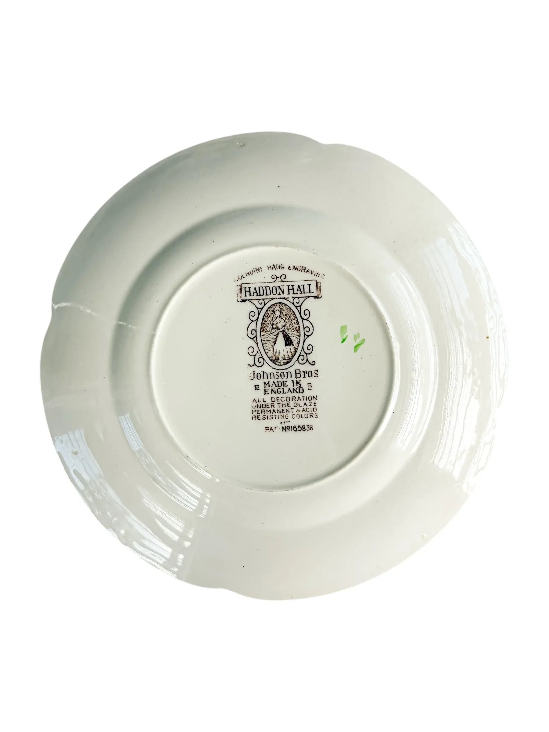 Vintage Johnson Bros Haddon Hall plate backstamp, white ceramic, made in England