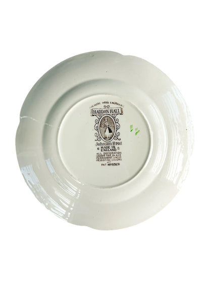Vintage Johnson Bros Haddon Hall plate backstamp, white ceramic, made in England