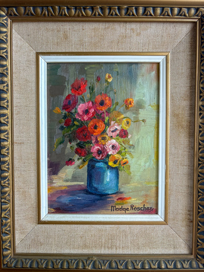 Close-up of a Madge Röscher floral still life showing the vintage linen matting, white inner fillet, and the textured gold detailing of the deep-cove frame.