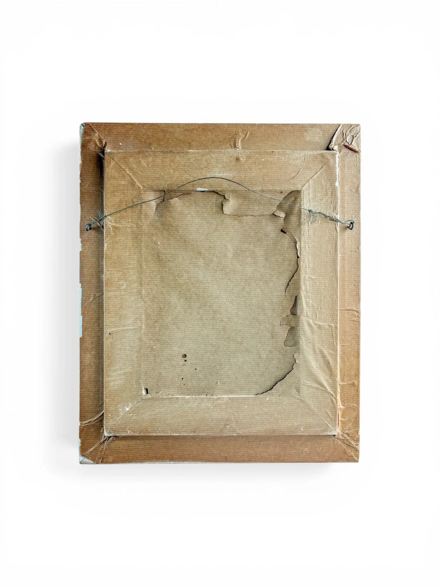 The reverse side of a vintage Madge Röscher painting showing the original brown paper backing, hanging wire, and aged wooden frame structure.
