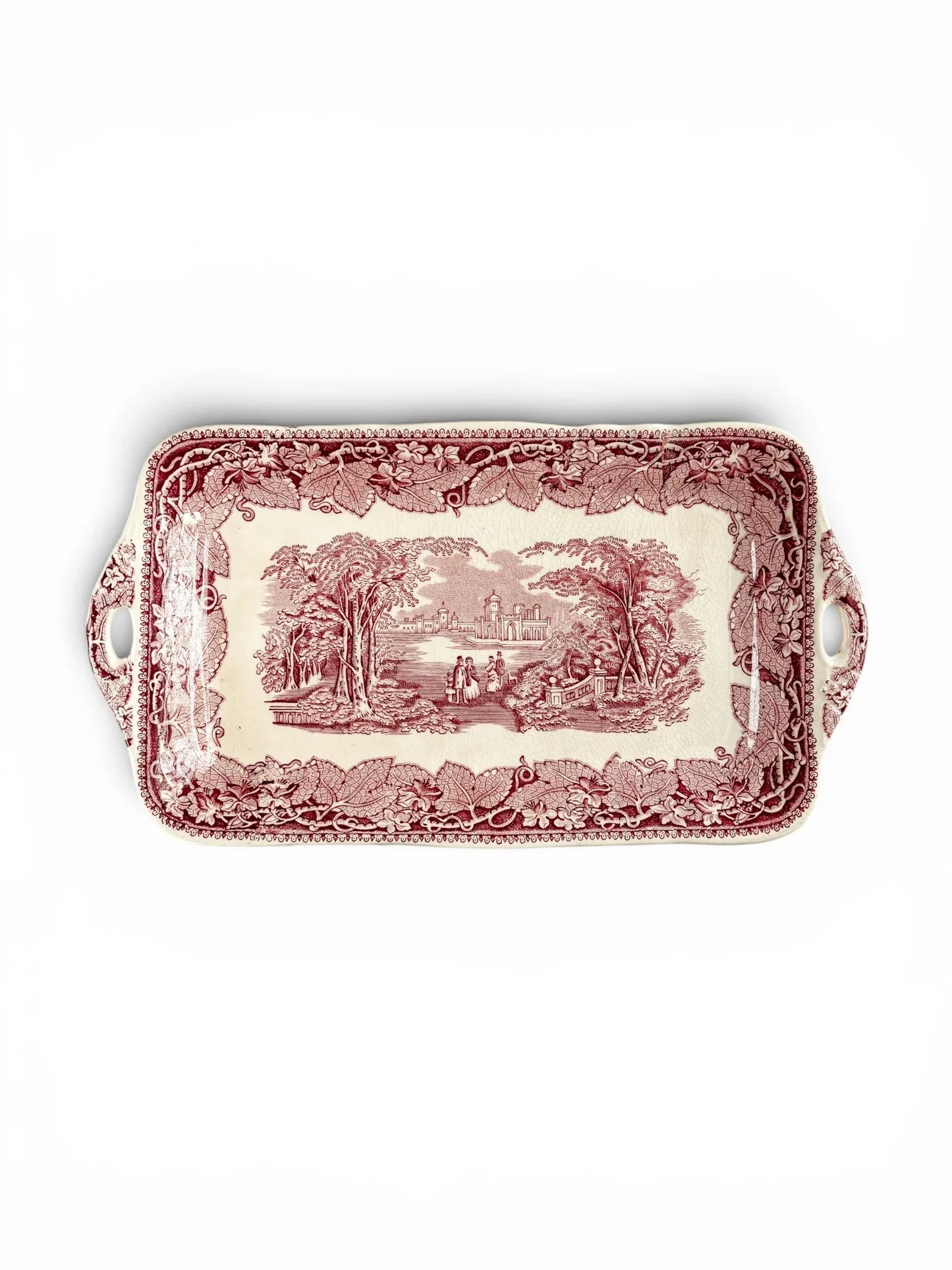 Full front view of a vintage Mason’s Vista red transferware serving tray with integrated handles and an English country estate scene.