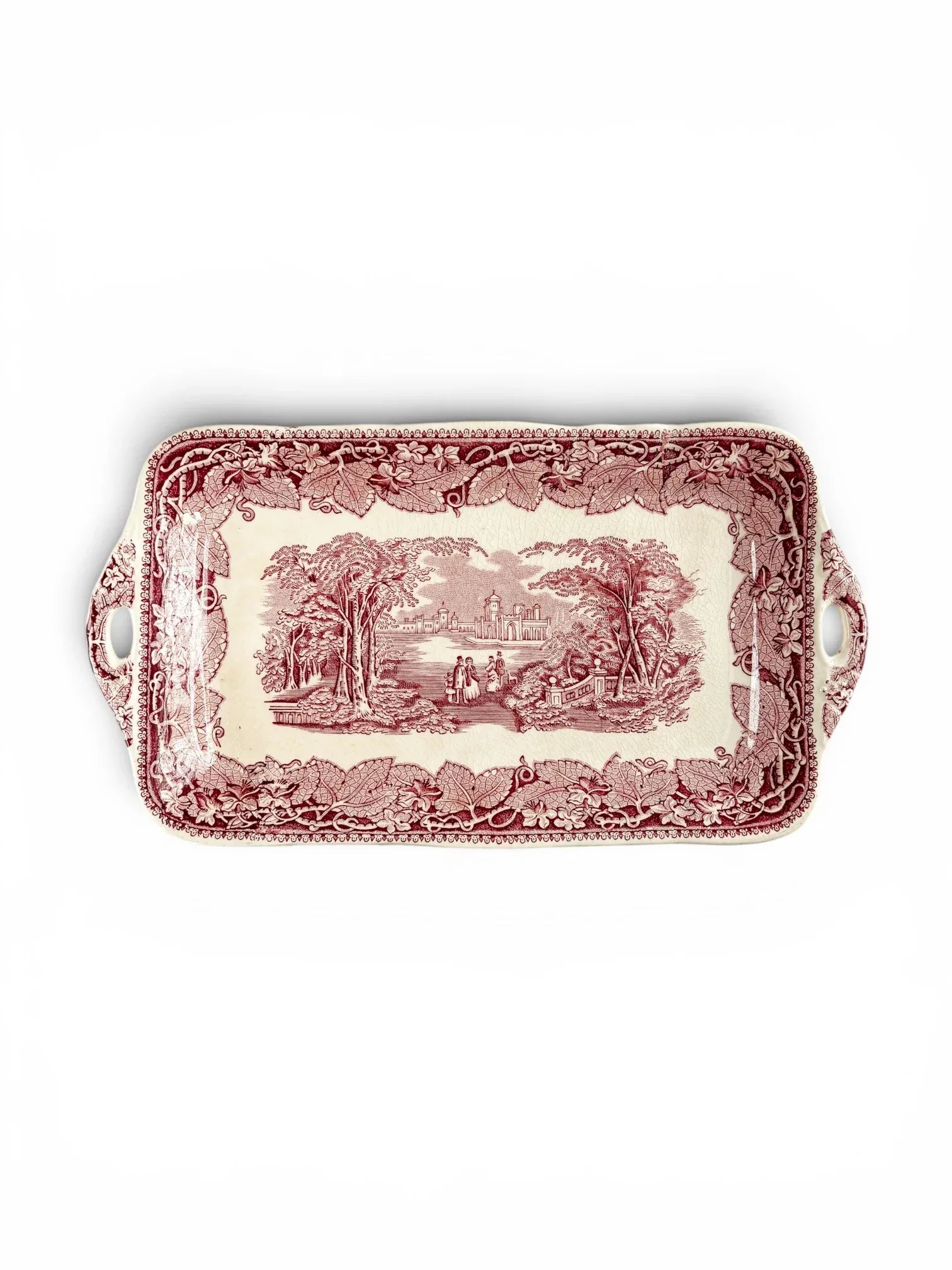 Full front view of a vintage Mason’s Vista red transferware serving tray with integrated handles and an English country estate scene.