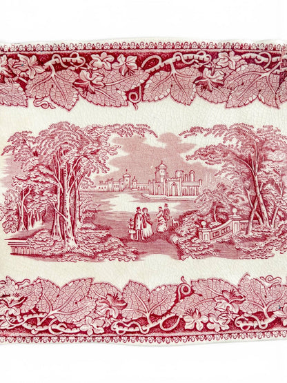 Close-up of the Mason’s Vista tray showing the detailed claret-red landscape transfer, floral border, glaze crazing and age-related staining.