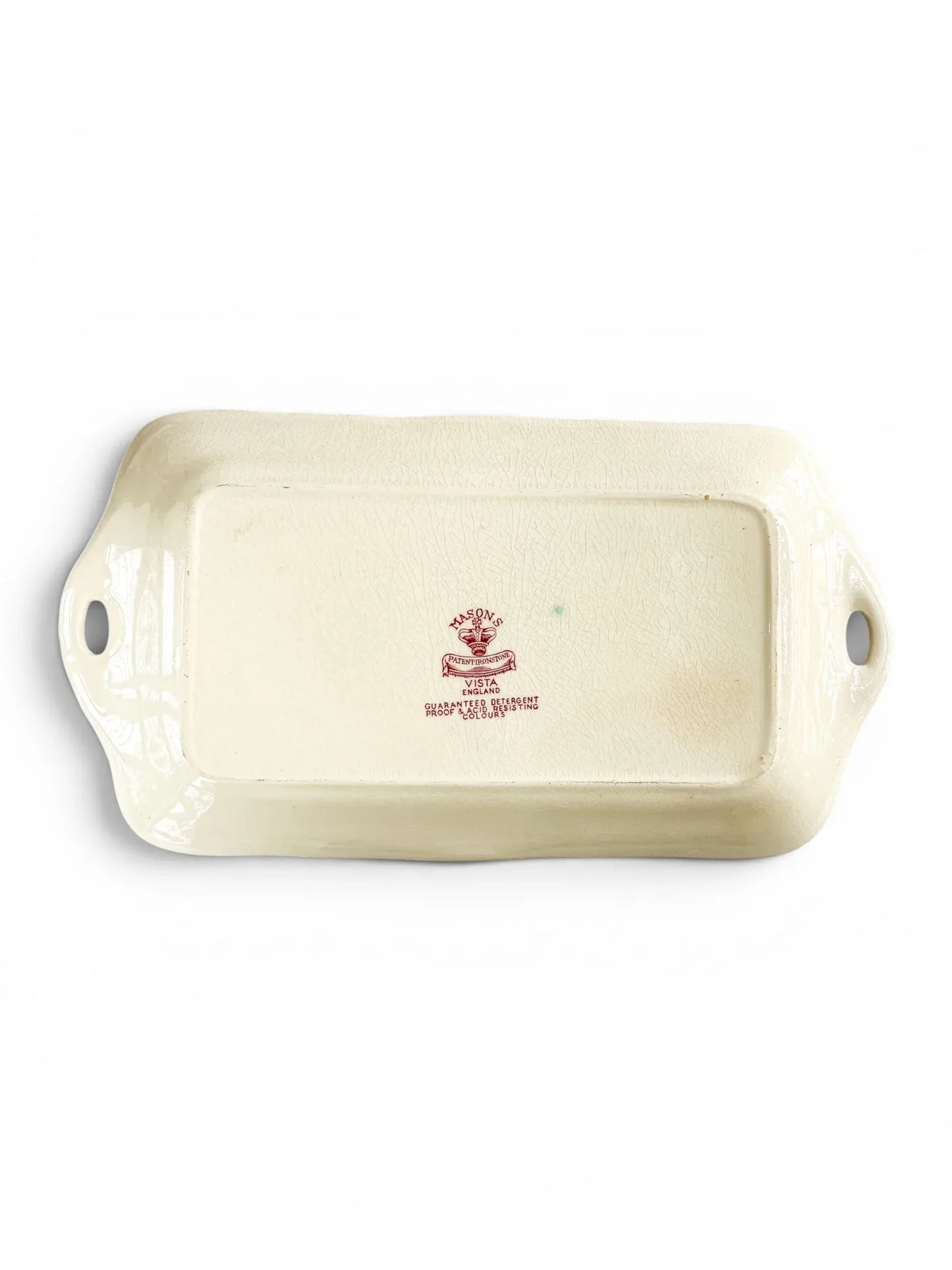 Underside of the vintage Mason’s Vista handled serving tray, showing the cream ironstone body, extensive crazing and printed backstamp.