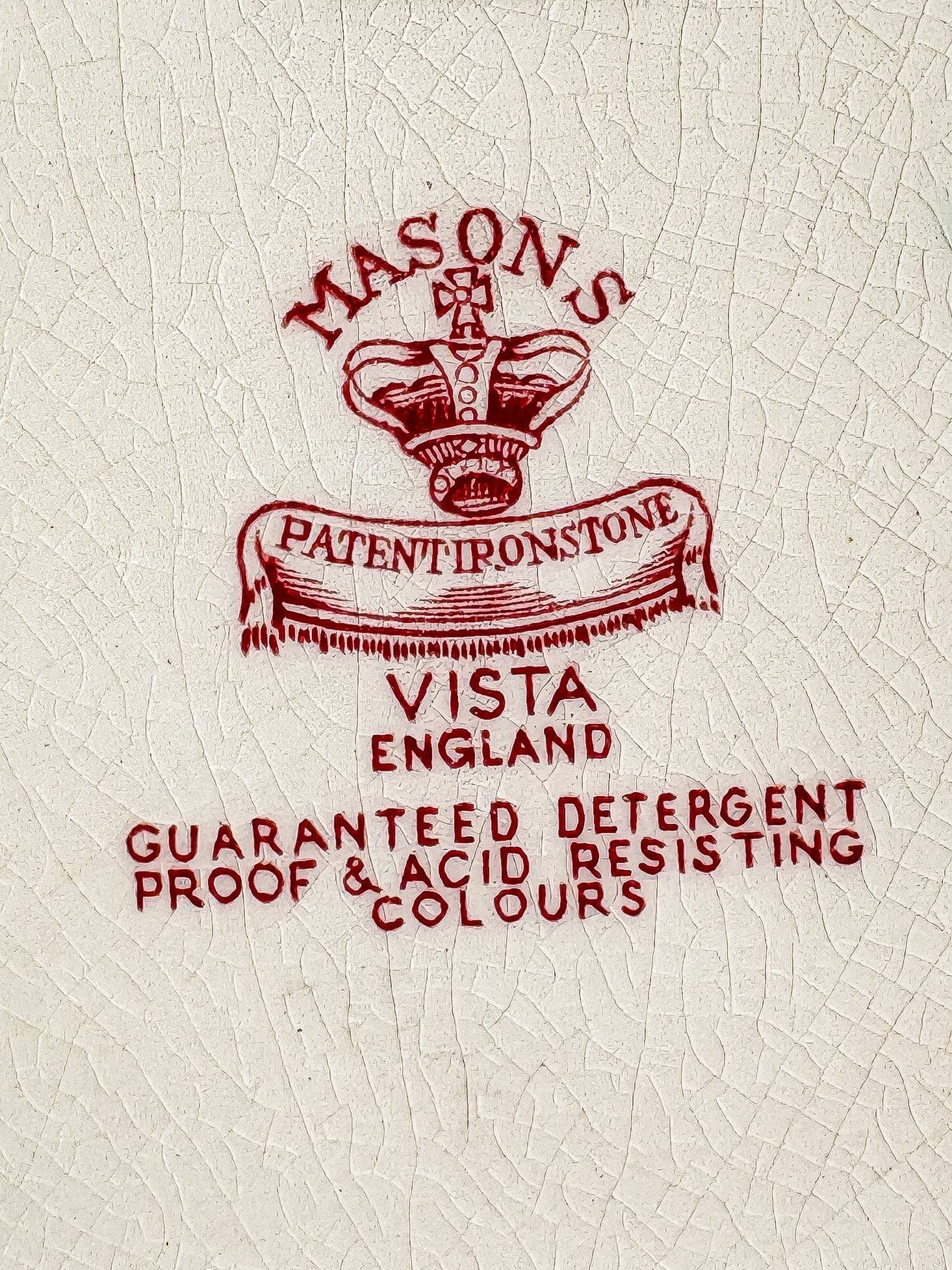 Close-up of the Mason’s Patent Ironstone Vista England backstamp with detergent-proof and acid-resisting colours wording.