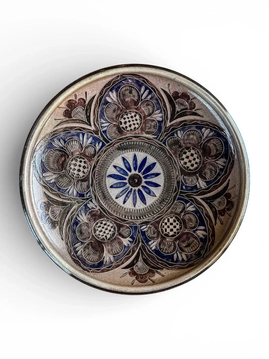 37cm Geschwister Bahn sgraffito floral charger in blue and manganese salt-glazed stoneware.