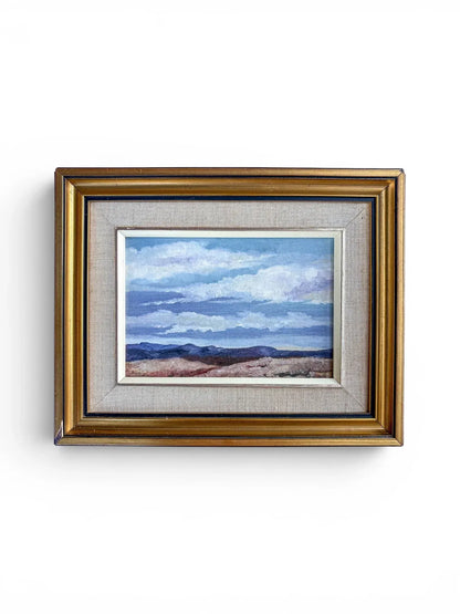 Mid-century South African landscape painting isolated on a crisp, seamless white background. The full vintage gold frame, inner dark trim, and fabric linen liner are clearly visible, casting a soft shadow to the left.