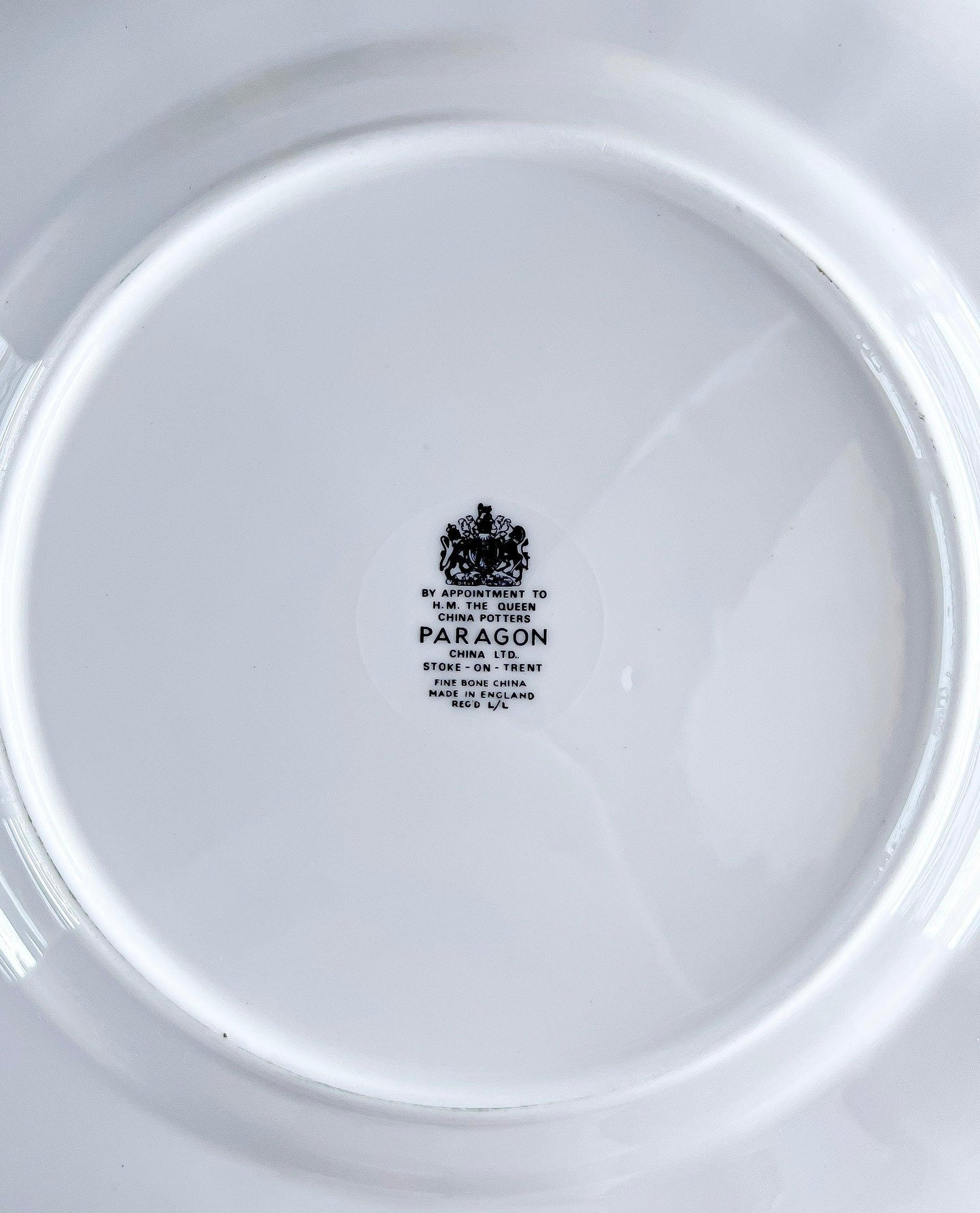 Backstamp of Paragon fine bone china plate with royal appointment, made in Stoke-on-Trent, England