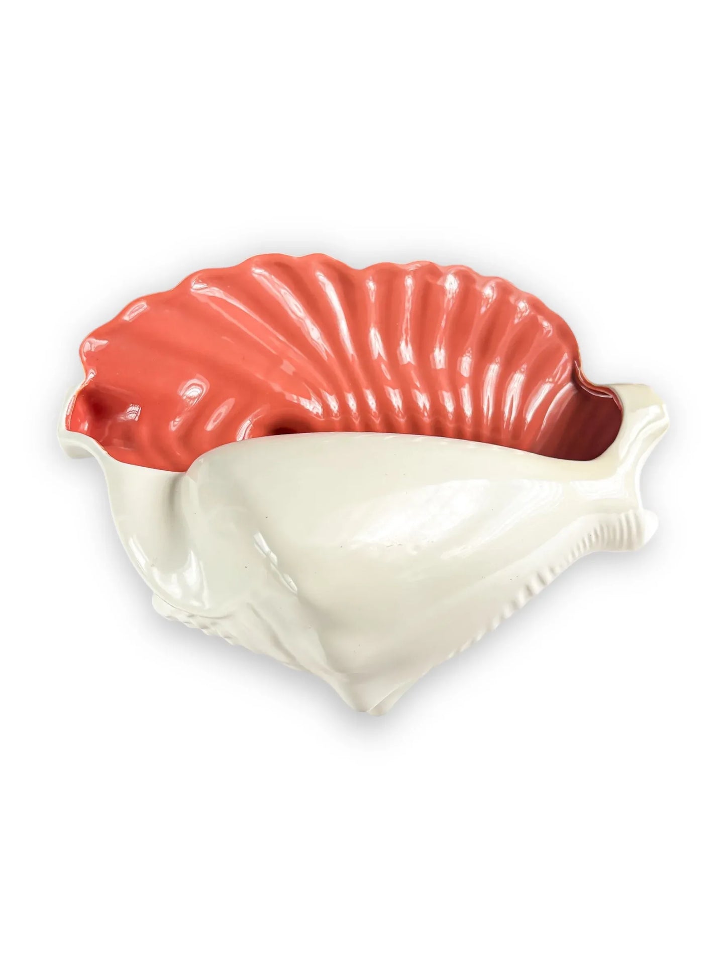 Porcelain shell-shaped bowl with glossy coral pink and white finish, vintage tableware decor