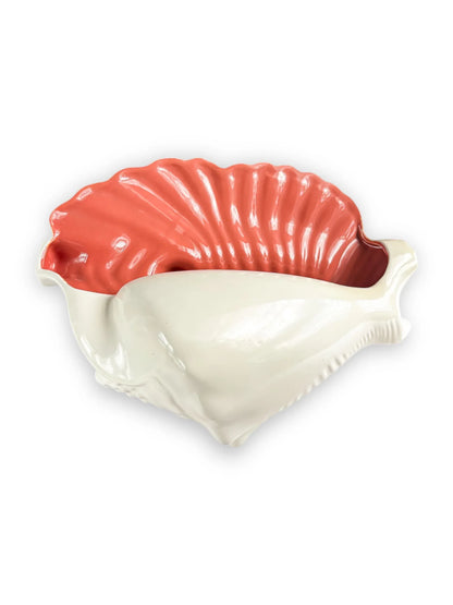 Porcelain shell-shaped bowl with glossy coral pink and white finish, vintage tableware decor