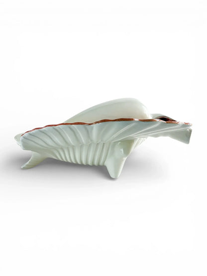 Porcelain shell-shaped vintage dish with gold rim, collectible serveware on white background