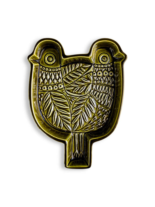 Vintage ceramic owl dish with green glaze and intricate leaf pattern, collectible tableware