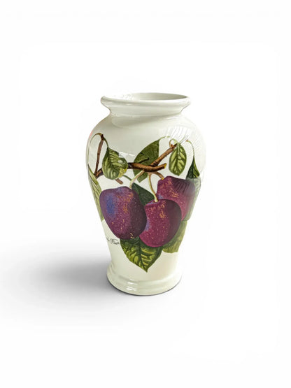 Vintage Portmeirion Pomona Reine Claude Plum ceramic vase, front view with botanical plum illustration.