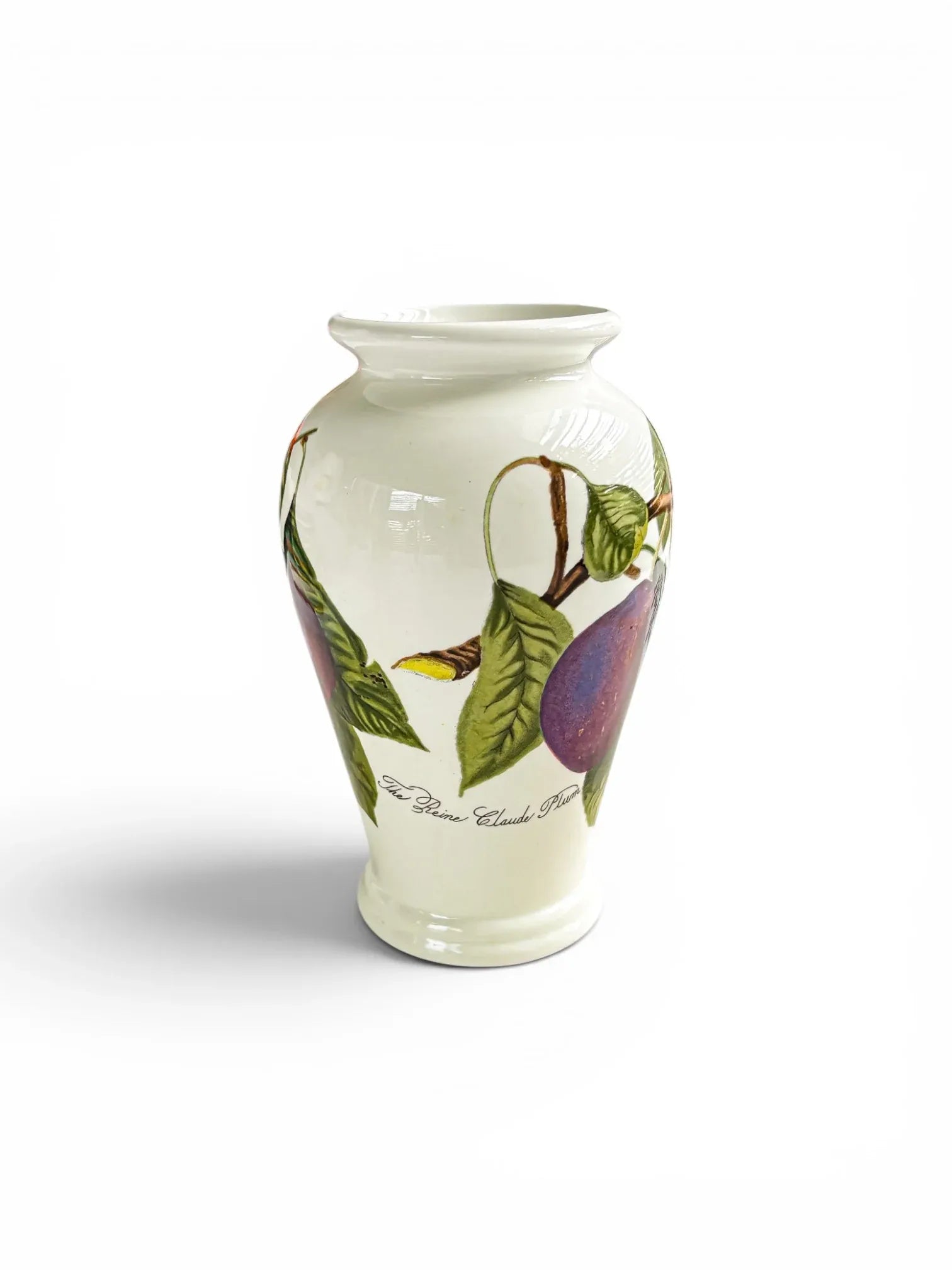 Rear view of a vintage Portmeirion Pomona Reine Claude Plum vase showing the wraparound botanical fruit design.