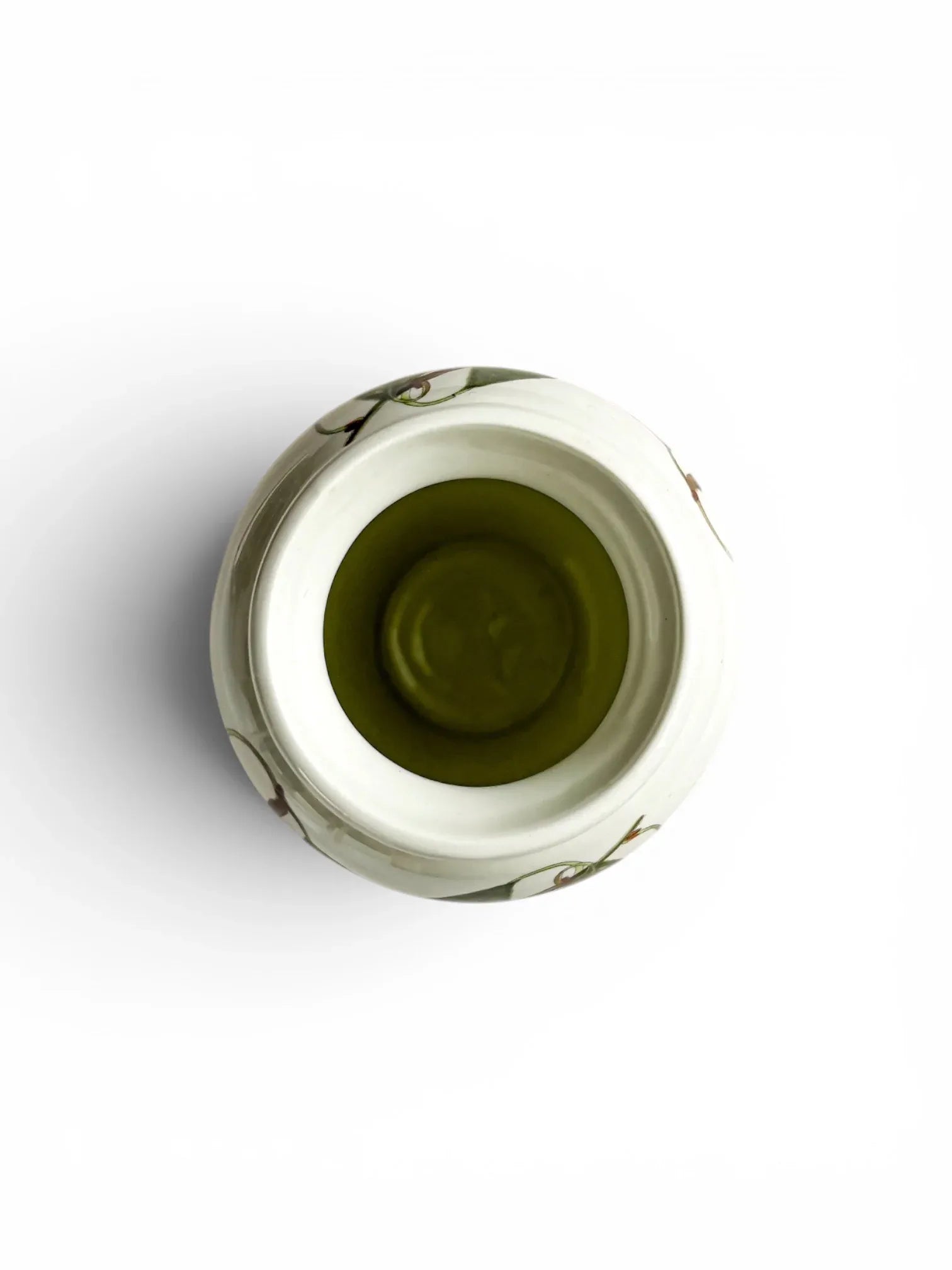 Top view of a vintage Portmeirion Pomona Reine Claude Plum ceramic vase showing the flared rim and glazed interior.