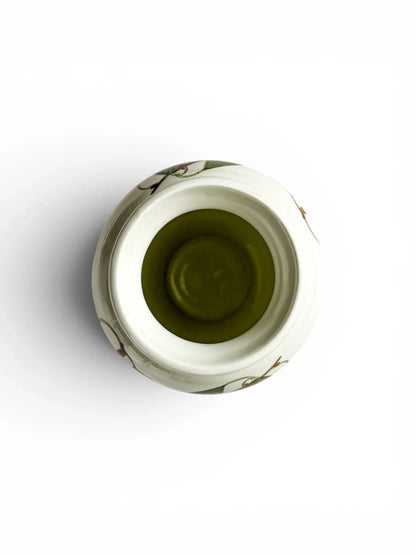 Top view of a vintage Portmeirion Pomona Reine Claude Plum ceramic vase showing the flared rim and glazed interior.