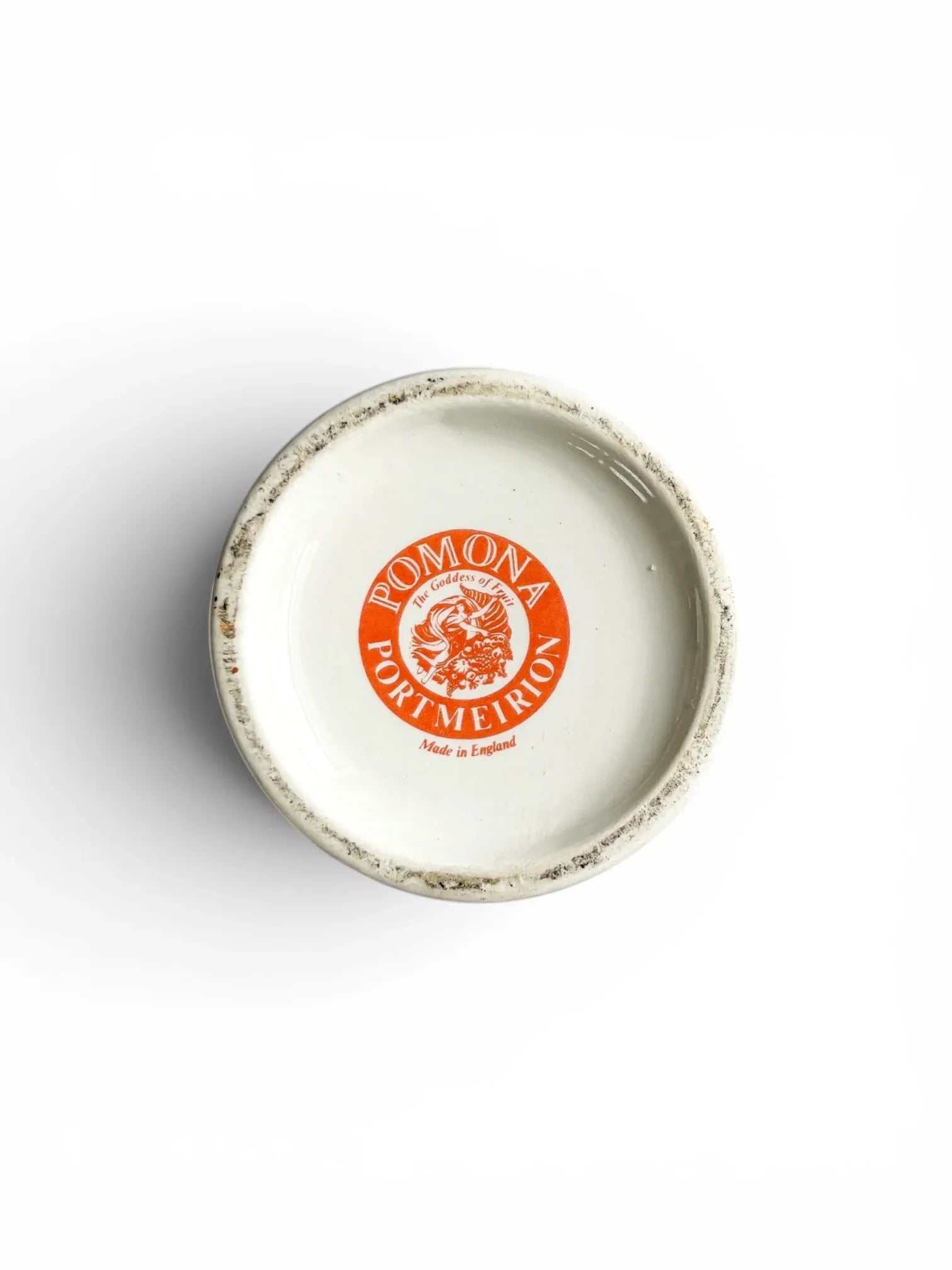 Base of a vintage Portmeirion Pomona Reine Claude Plum vase showing the original Portmeirion Made in England backstamp.