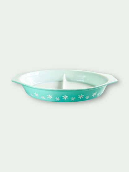 Pyrex 30cm Oval Divided Vegetable Dish - Turquoise 'Snowflake' Pattern - SOSC Home