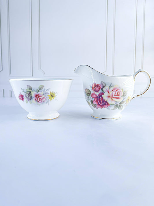 Queen Anne Vintage Floral Creamer & Sugar Set - Pink Roses - SOSC Home
