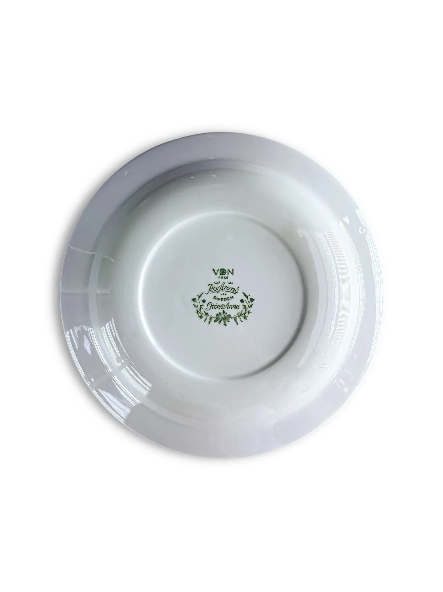Detailed view of the Rörstrand "Grön Anna" backstamp on an 18 cm plate, including the VDN F555 durability rating.
