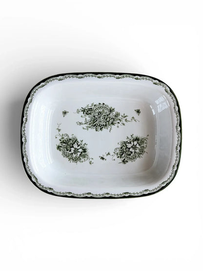 Top-down view of a 24 cm Rörstrand Grön Anna deep rectangular serving dish with forest green floral motifs on white flintware.