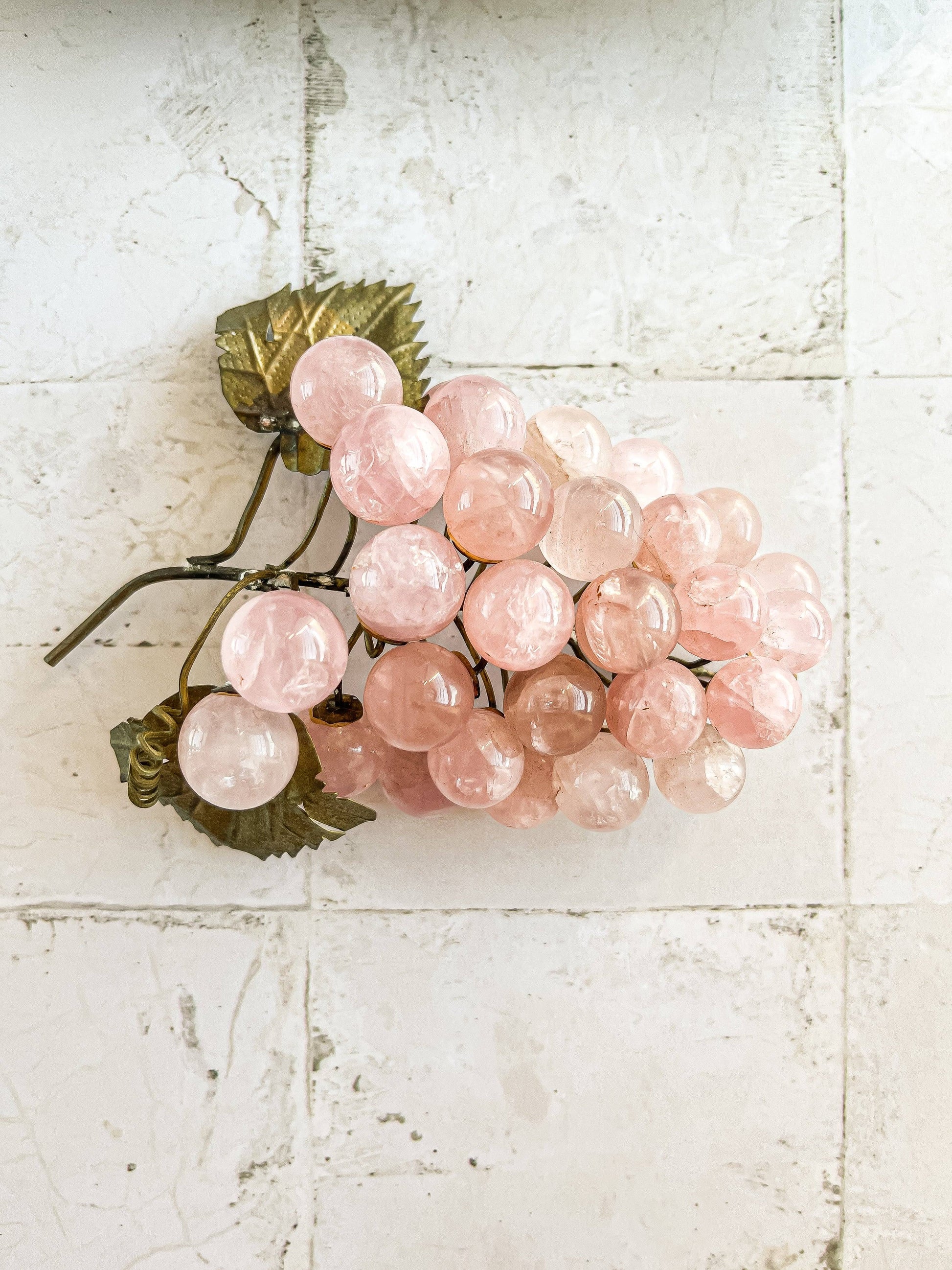 Rose Quartz Grape Cluster with Brass Leaves - SOSC Home