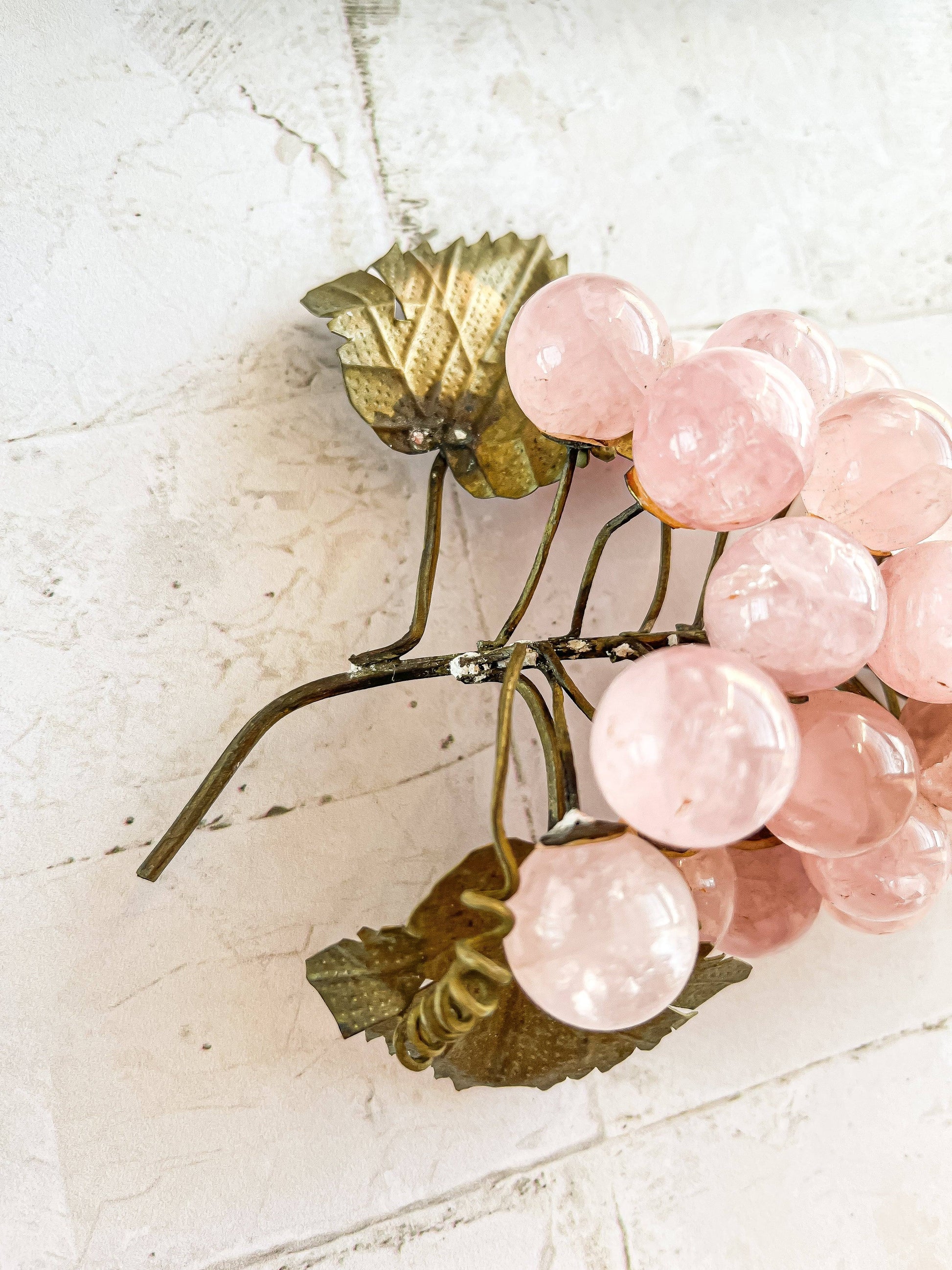 Rose Quartz Grape Cluster with Brass Leaves - SOSC Home