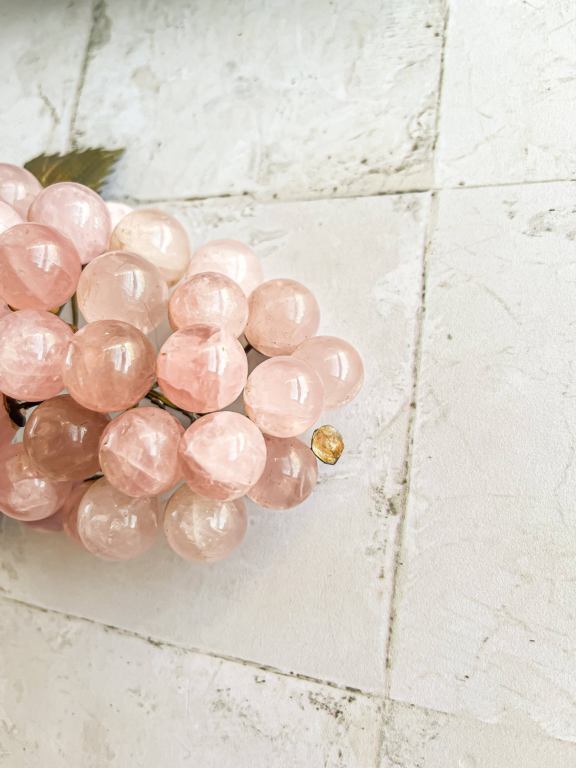 Rose Quartz Grape Cluster with Brass Leaves - SOSC Home