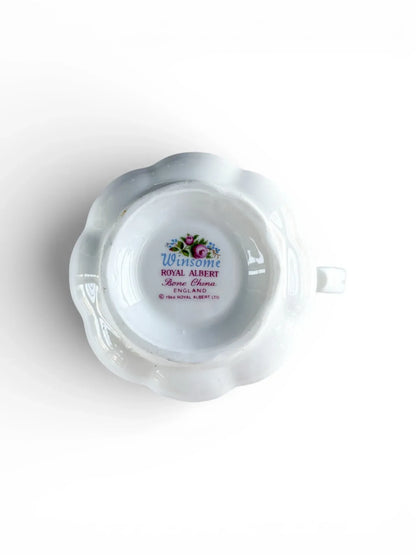 The underside of the creamer showing the original 'Winsome Royal Albert Bone China England' backstamp.